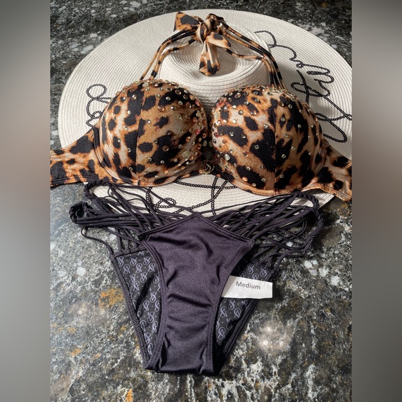 Victoria’s secret’s bikini embellished bombshell leopard top 36D/M set - Picture 12 of 13